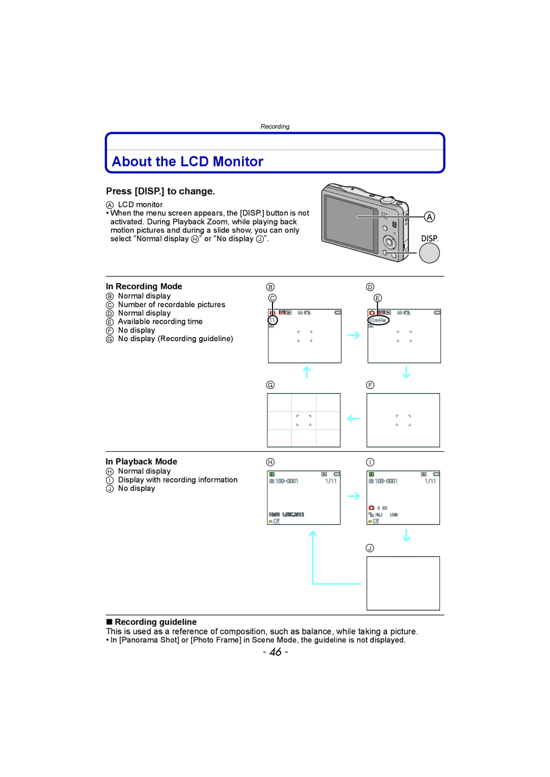 Panasonic DMC-SZ1 About the LCD Monitor, Press DISP. to change, Recording Mode, Playback Mode, Recording guideline 