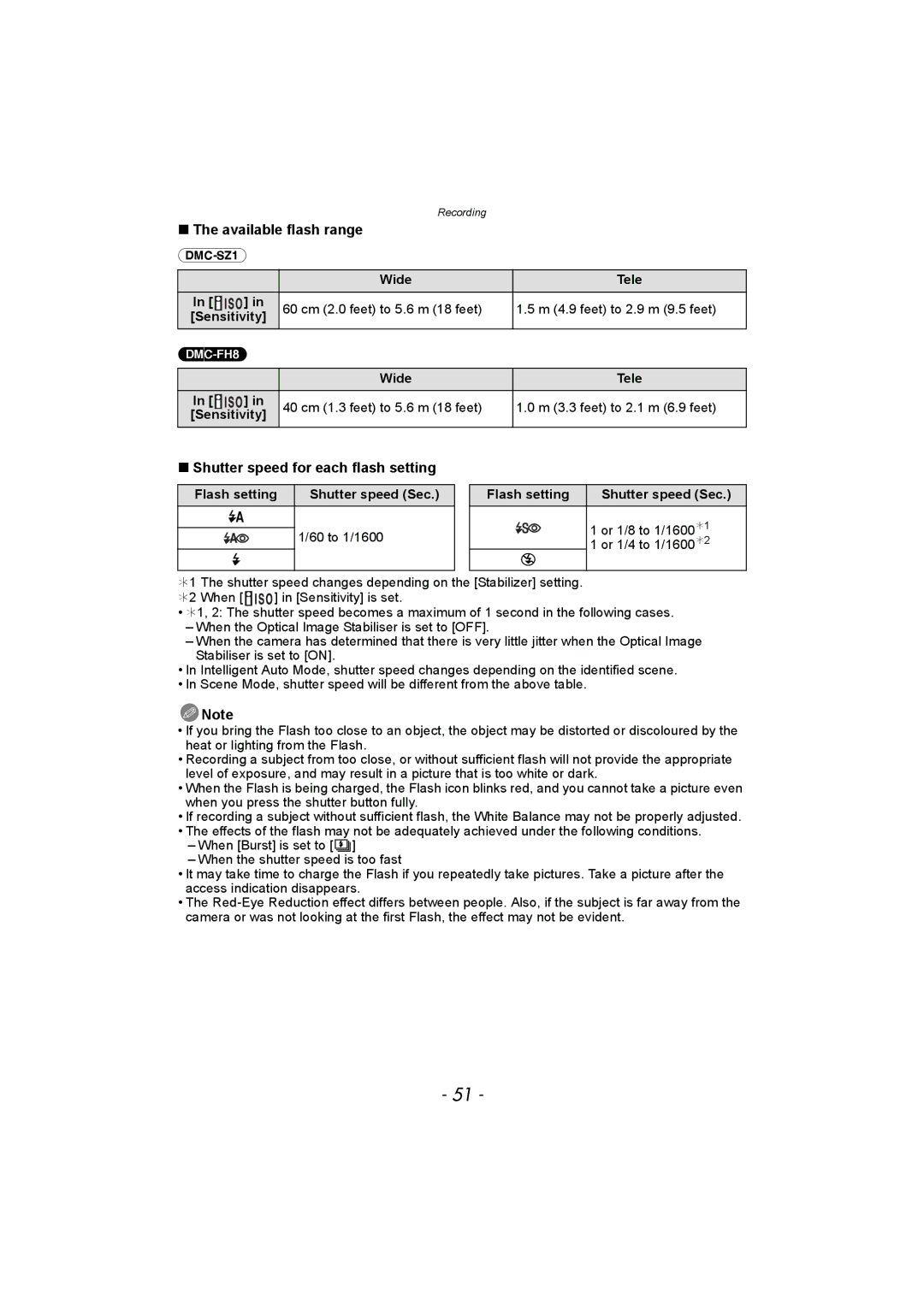 Panasonic DMC-FH8, DMC-SZ1 Available flash range, Shutter speed for each flash setting, Flash setting Shutter speed Sec 