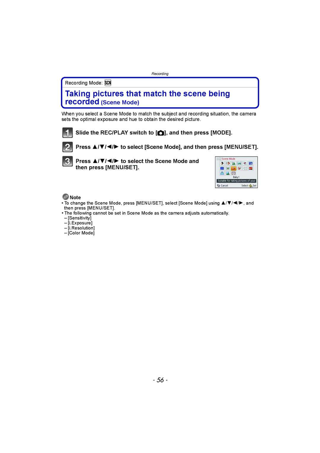 Panasonic DMC-SZ1, DMC-FH8 operating instructions Taking pictures that match the scene being, Recorded Scene Mode 