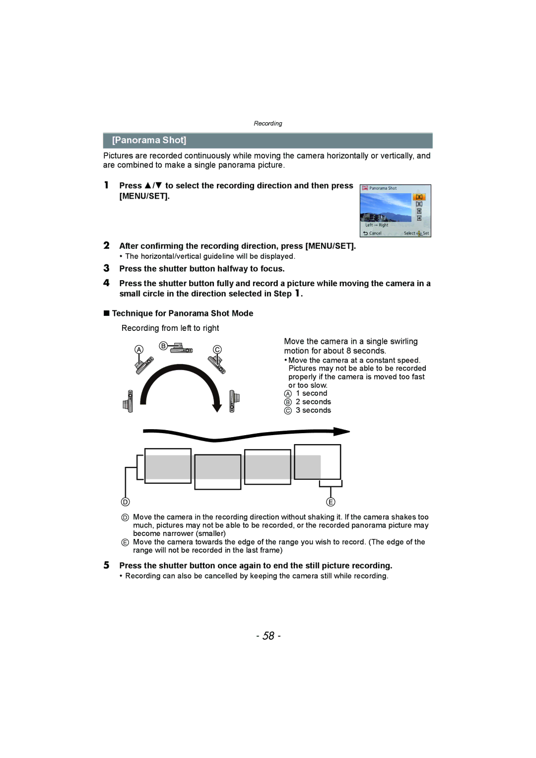 Panasonic DMC-SZ1, DMC-FH8 operating instructions Panorama Shot 