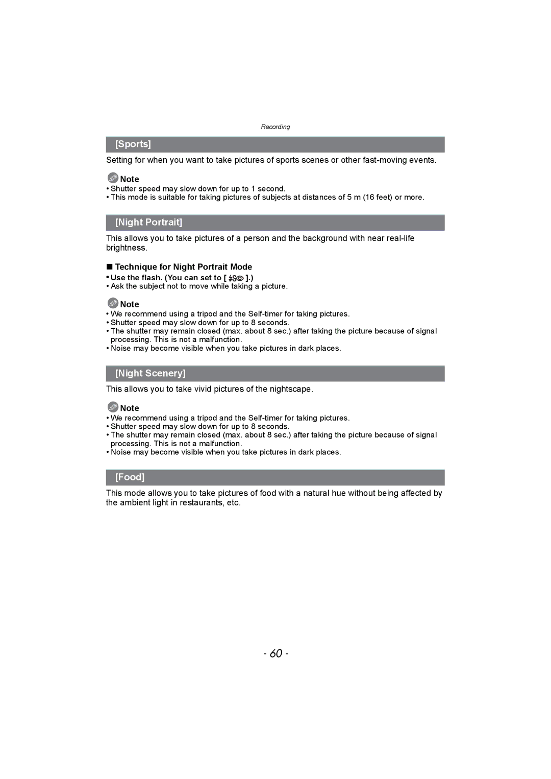 Panasonic DMC-SZ1, DMC-FH8 operating instructions Sports, Night Scenery, Food, Technique for Night Portrait Mode 