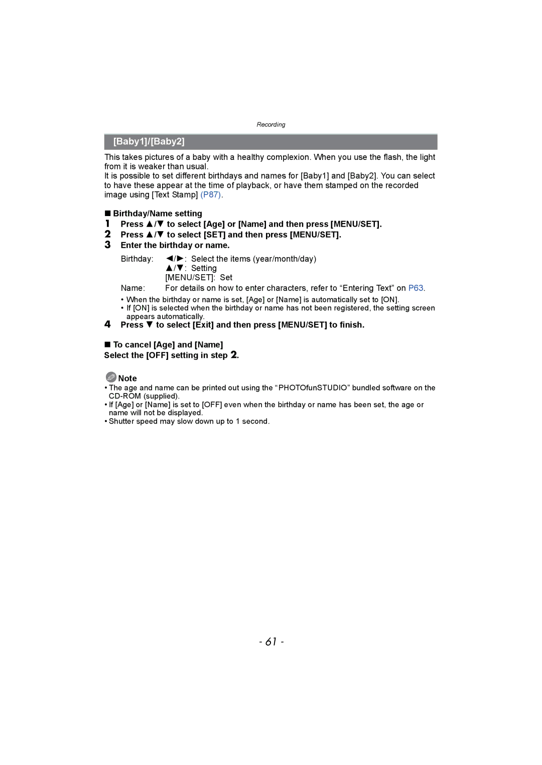 Panasonic DMC-FH8, DMC-SZ1 operating instructions Baby1/Baby2, Press 4 to select Exit and then press MENU/SET to finish 