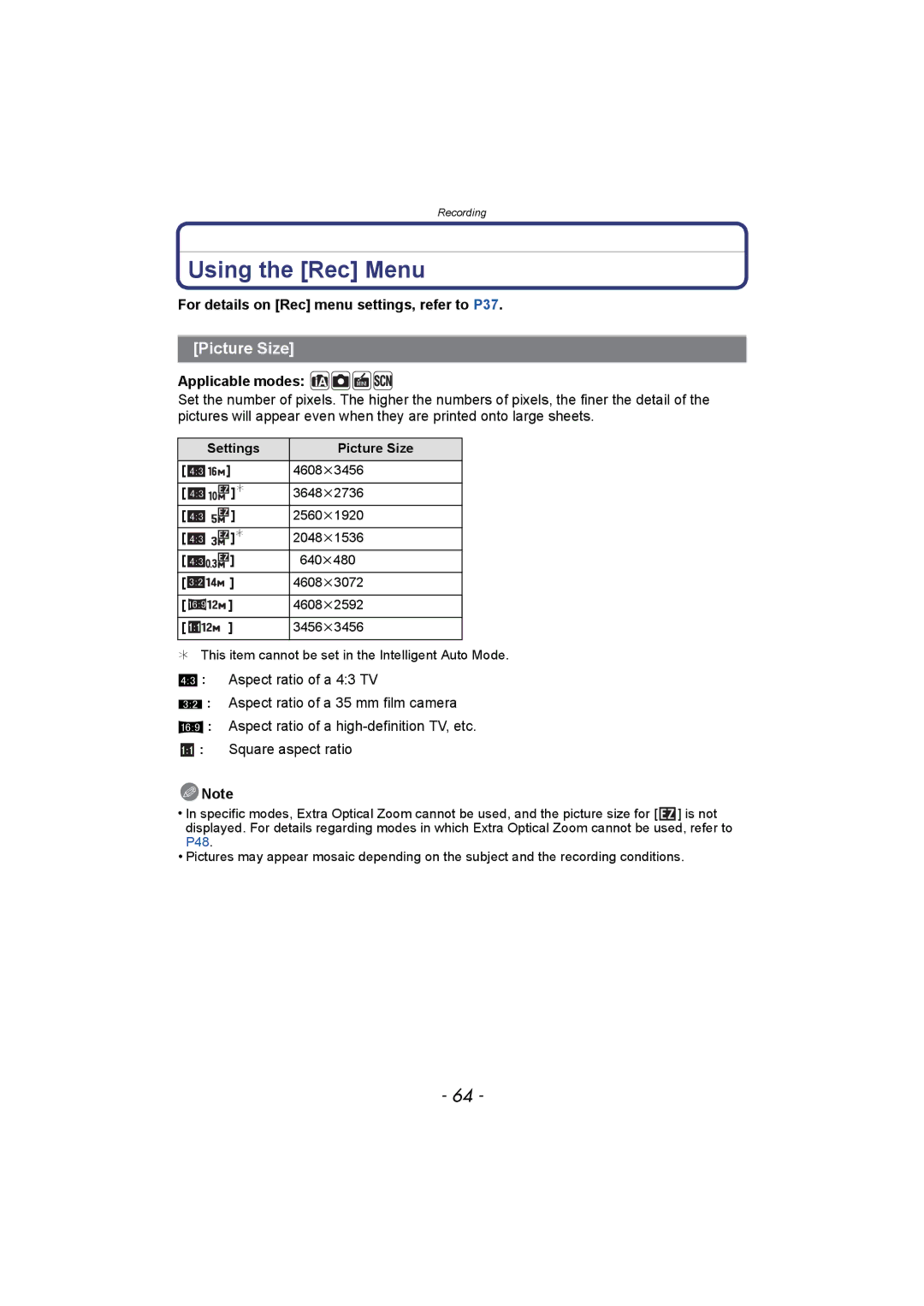 Panasonic DMC-SZ1 Using the Rec Menu, Picture Size, For details on Rec menu settings, refer to P37, Applicable modes 