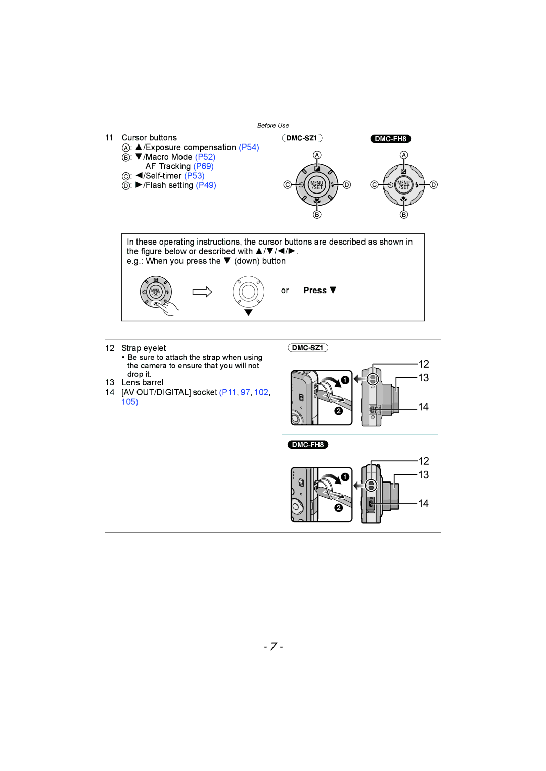 Panasonic DMC-FH8, DMC-SZ1 Cursor buttons, Or Press, Strap eyelet, Lens barrel AV OUT/DIGITAL socket P11, 97, 102 
