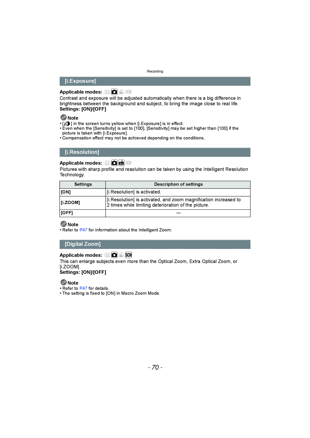 Panasonic DMC-SZ1, DMC-FH8 operating instructions Exposure, Resolution, Digital Zoom 