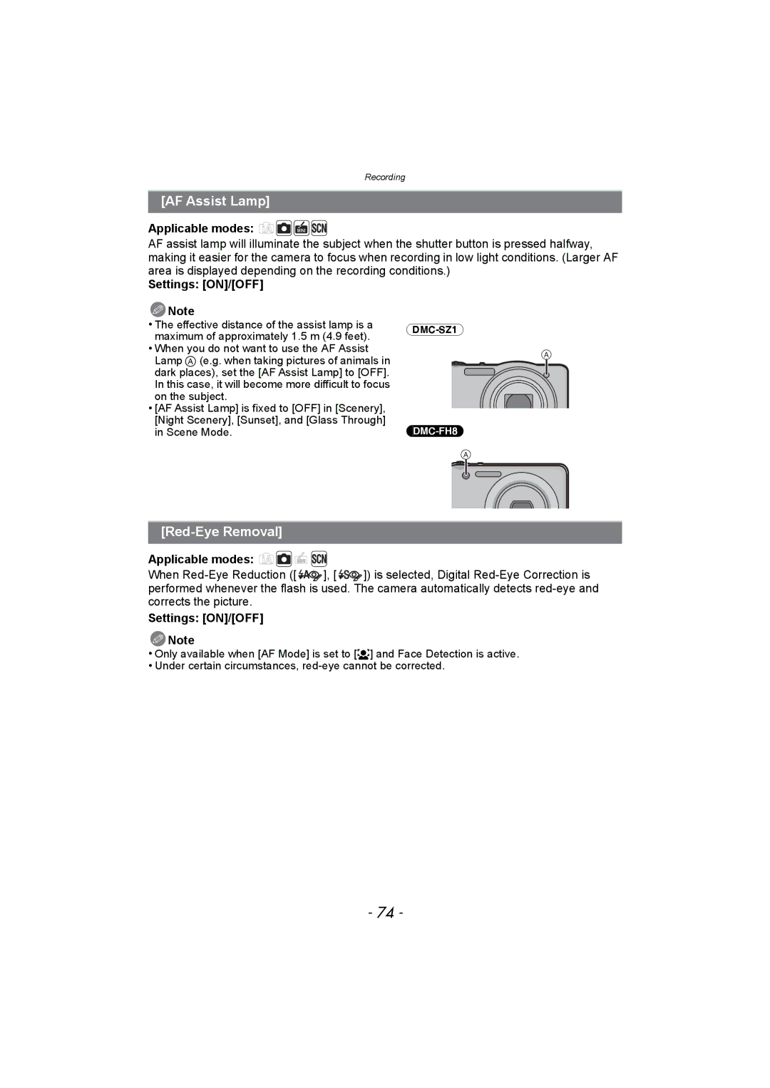 Panasonic DMC-SZ1, DMC-FH8 operating instructions AF Assist Lamp, Red-Eye Removal 