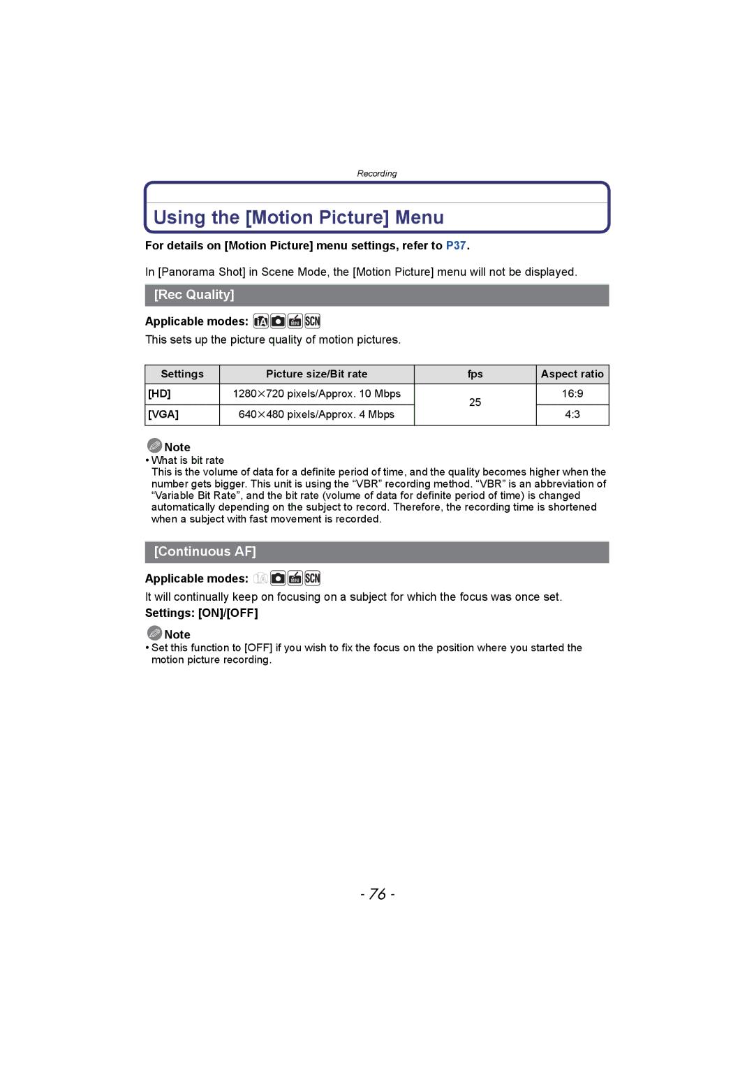 Panasonic DMC-SZ1, DMC-FH8 operating instructions Using the Motion Picture Menu, Rec Quality, Continuous AF 