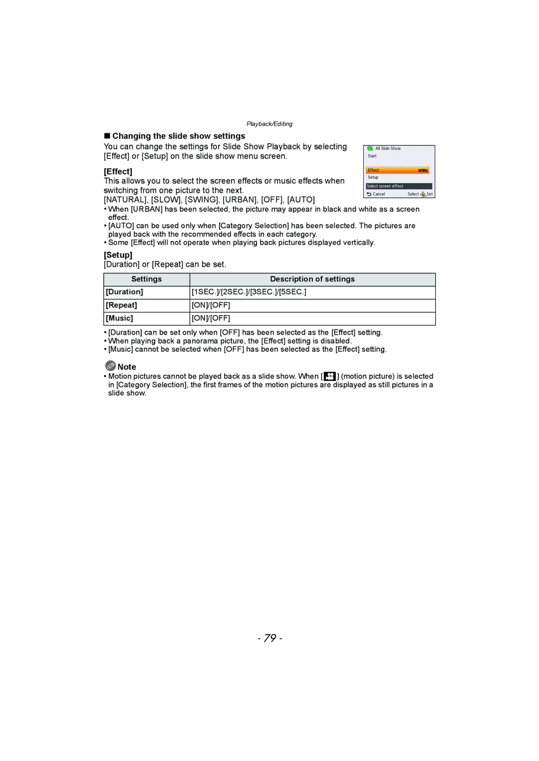 Panasonic DMC-FH8, DMC-SZ1 operating instructions Changing the slide show settings, Effect, Duration or Repeat can be set 