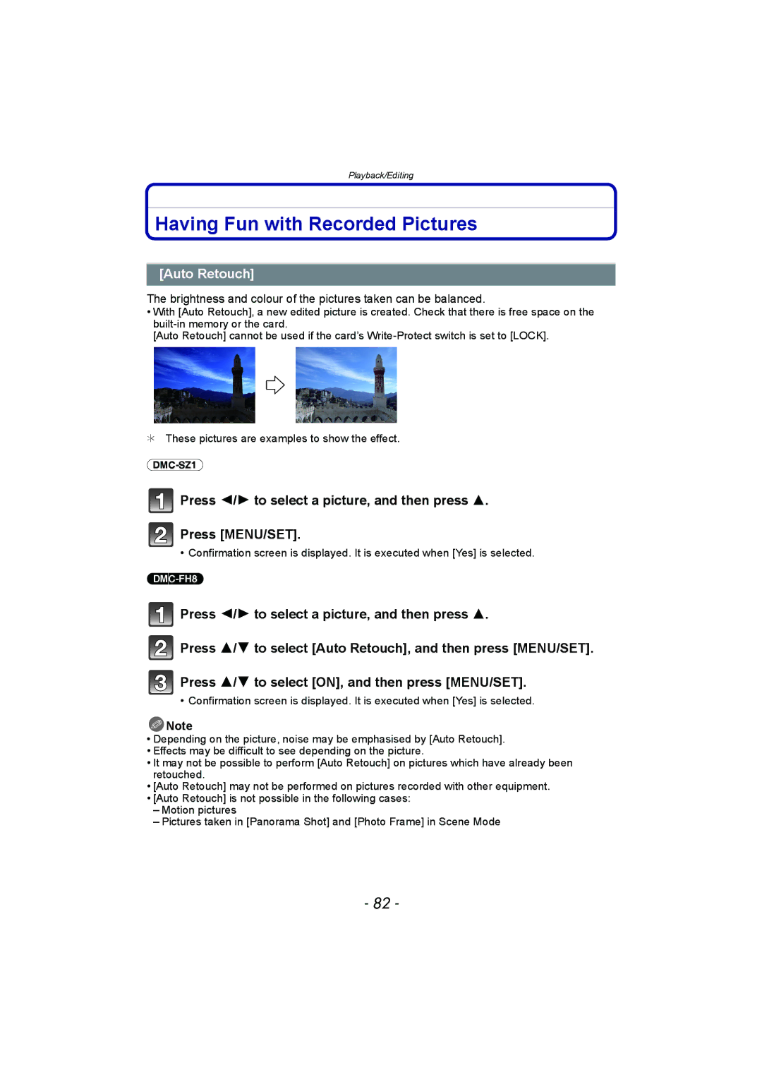Panasonic DMC-SZ1, DMC-FH8 operating instructions Having Fun with Recorded Pictures, Auto Retouch 