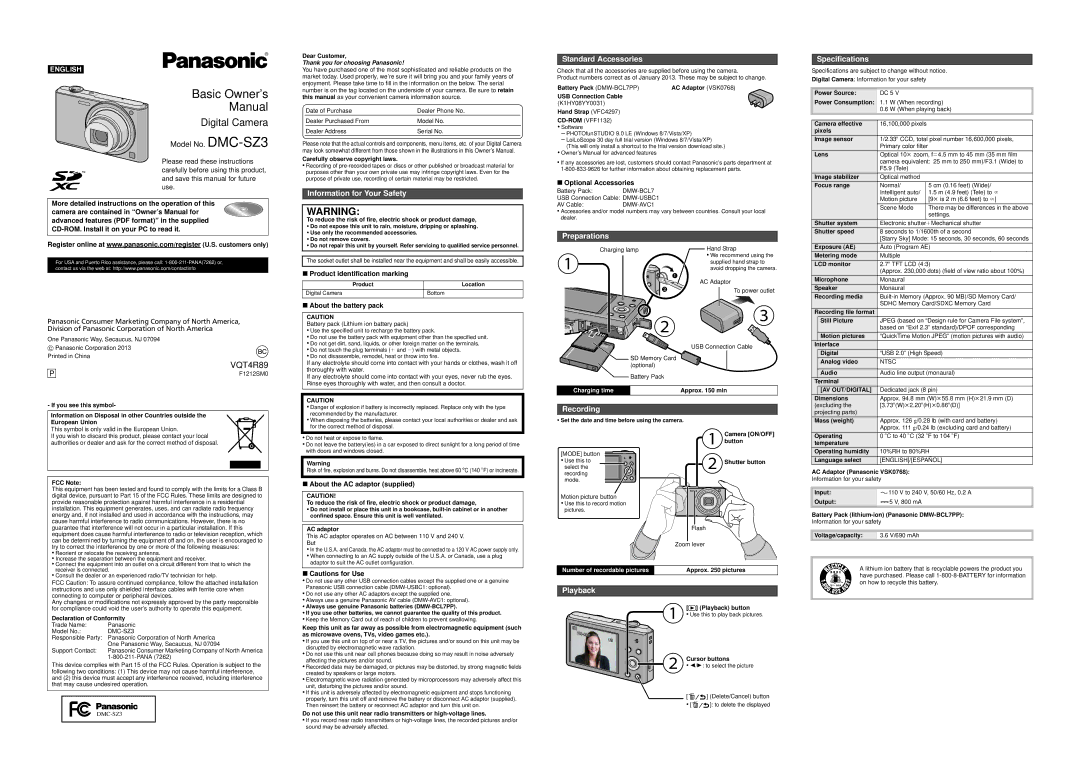 Panasonic DMCSZ3V specifications Information for Your Safety, Standard Accessories, Preparations Specifications, Recording 