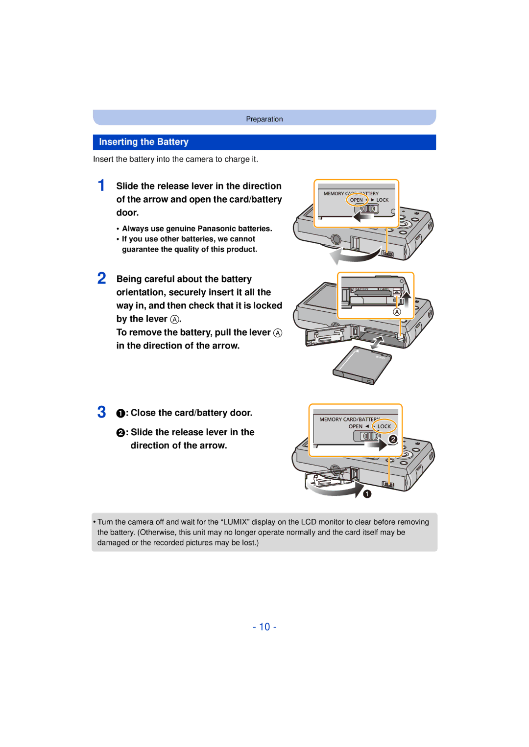 Panasonic DMC-SZ3 owner manual Inserting the Battery, Insert the battery into the camera to charge it 