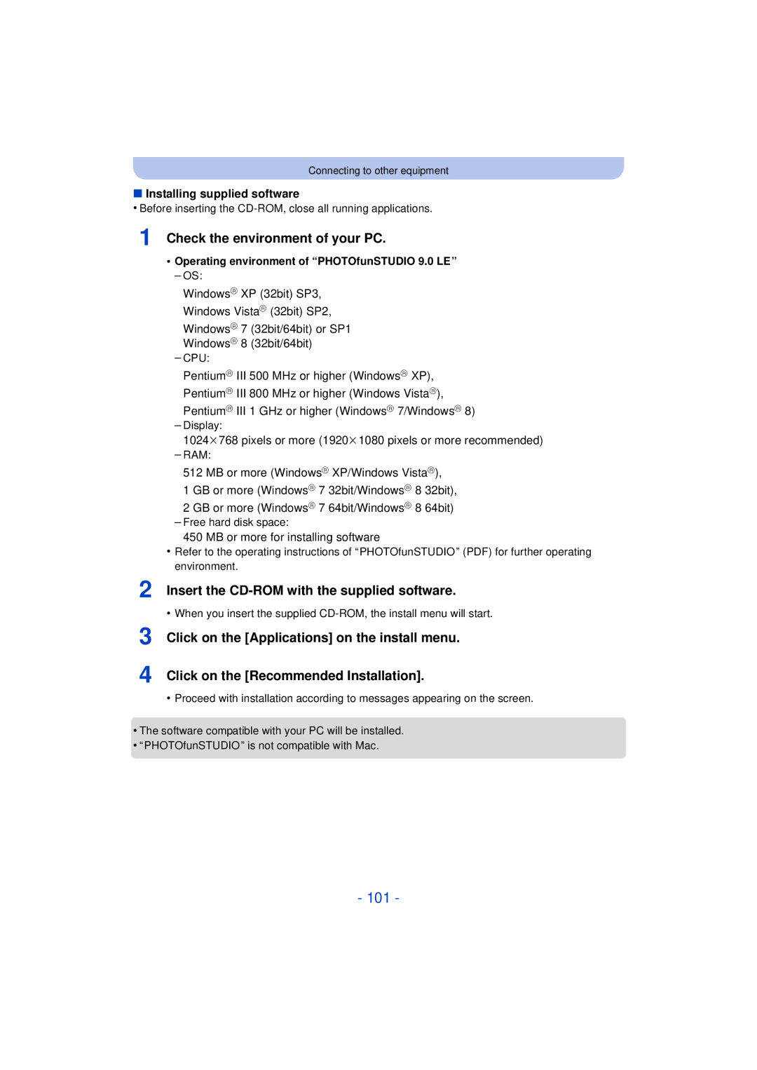 Panasonic DMC-SZ3 owner manual 101, Check the environment of your PC, Insert the CD-ROM with the supplied software 