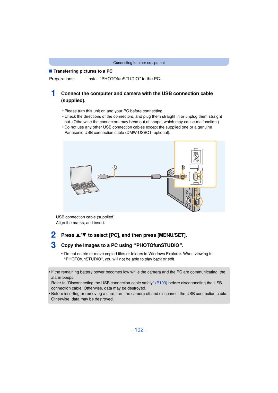 Panasonic DMC-SZ3 owner manual 102, Transferring pictures to a PC, Preparations Install PHOTOfunSTUDIO to the PC 