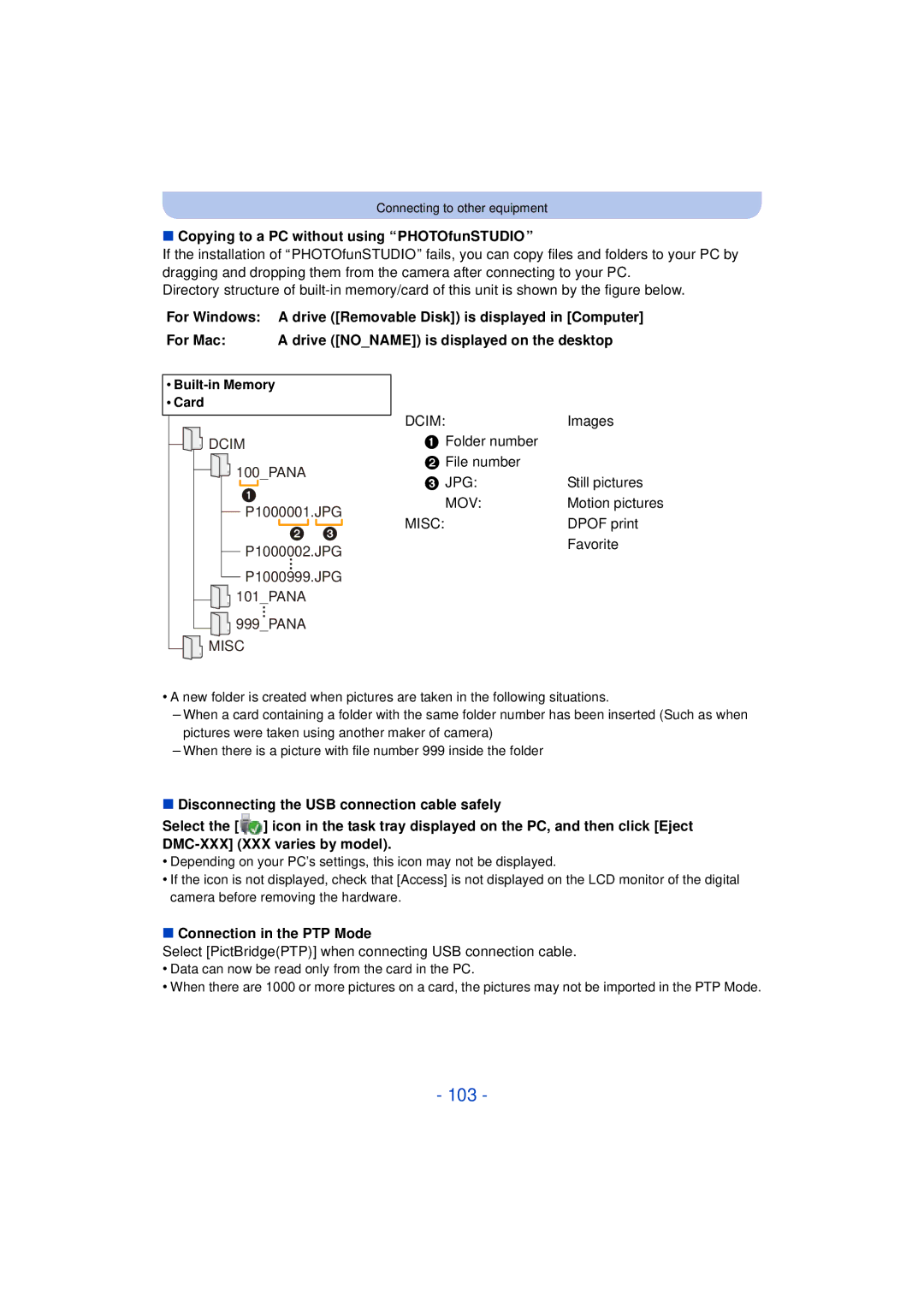 Panasonic DMC-SZ3 owner manual 103, Copying to a PC without using PHOTOfunSTUDIO, For Windows, Connection in the PTP Mode 