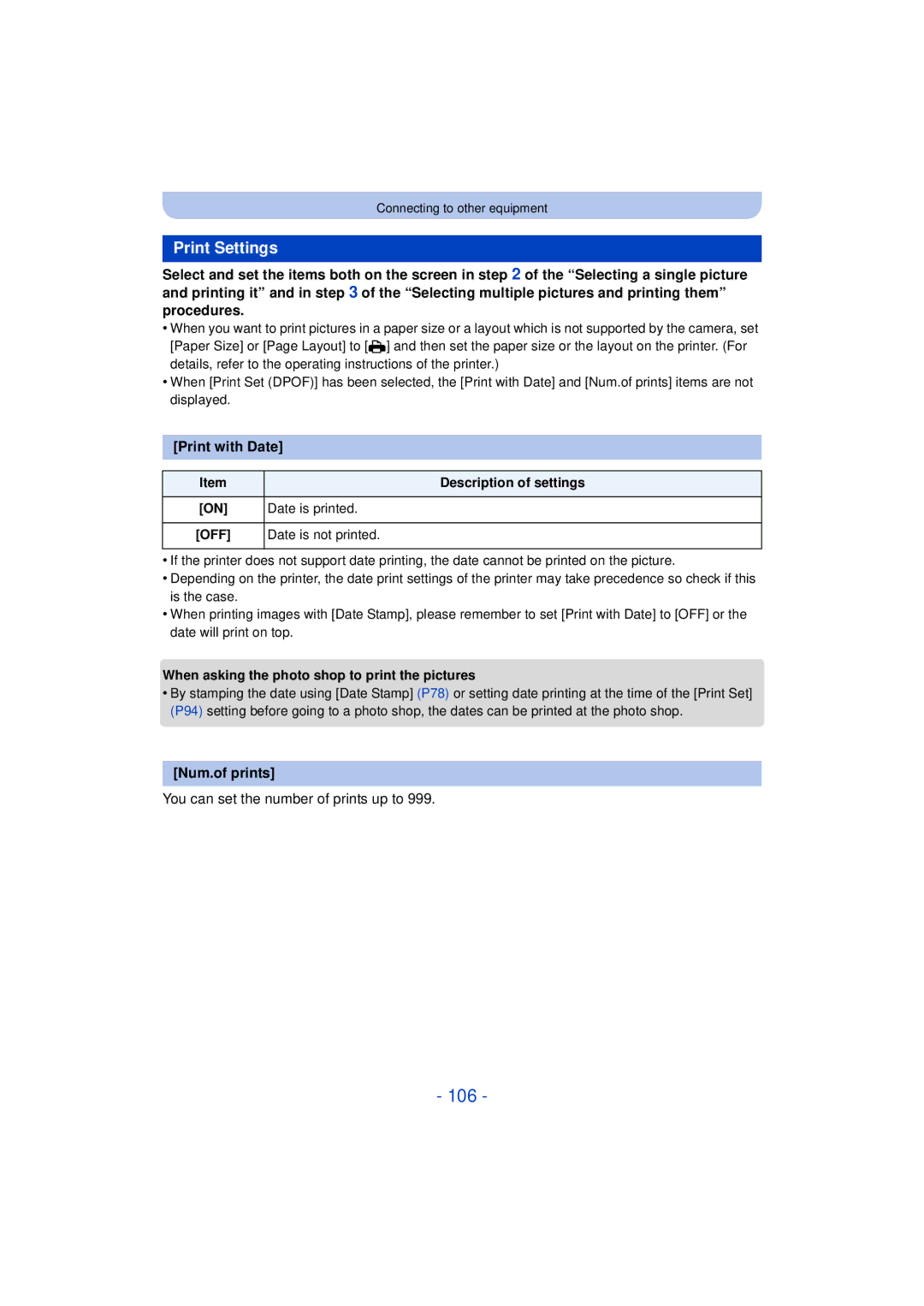 Panasonic DMC-SZ3 owner manual 106, Print Settings, Print with Date, Num.of prints, You can set the number of prints up to 