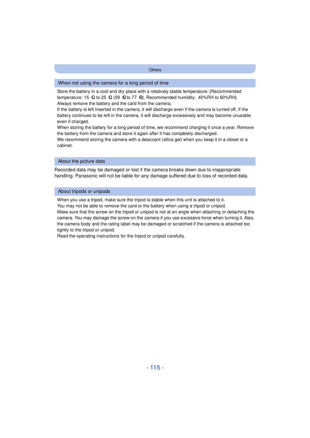 Panasonic DMC-SZ3 owner manual 115, When not using the camera for a long period of time, About the picture data 