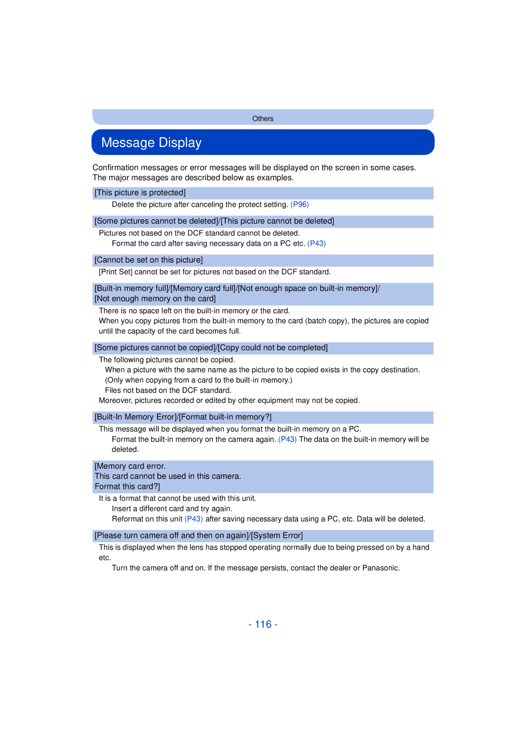 Panasonic DMC-SZ3 owner manual Message Display, 116 