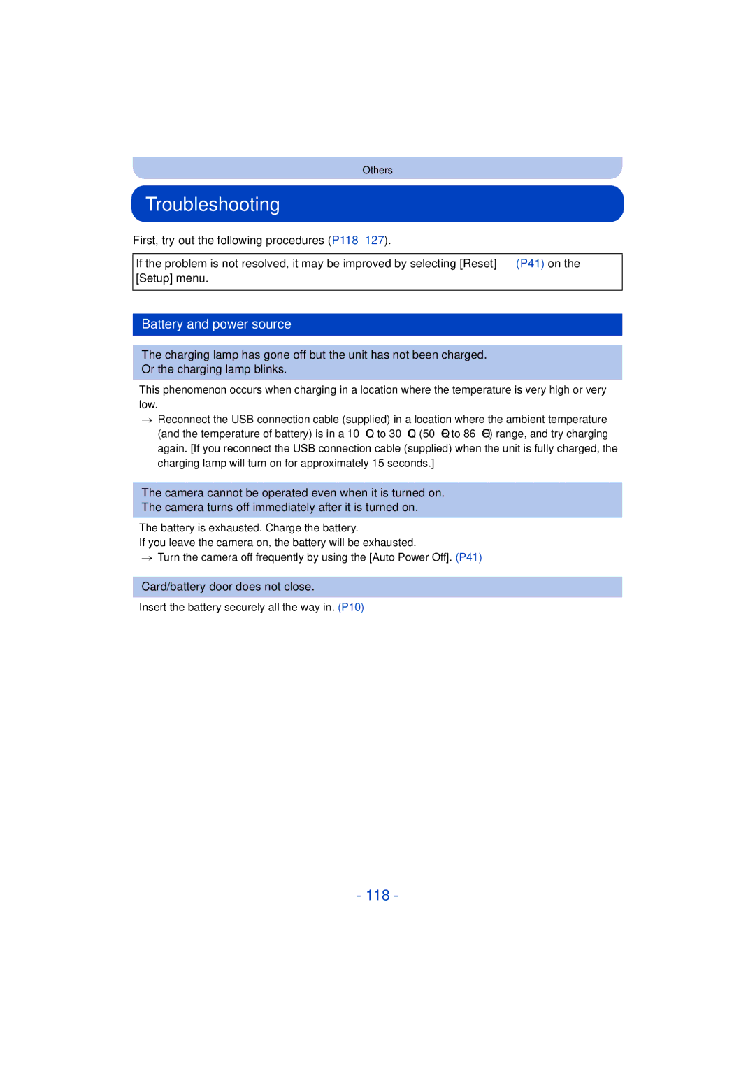 Panasonic DMC-SZ3 Troubleshooting, Battery and power source, First, try out the following procedures P118-127 