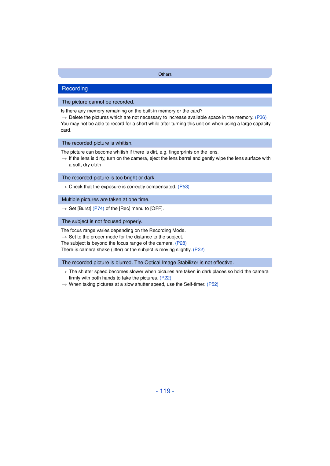 Panasonic DMC-SZ3 owner manual 119, Recording 