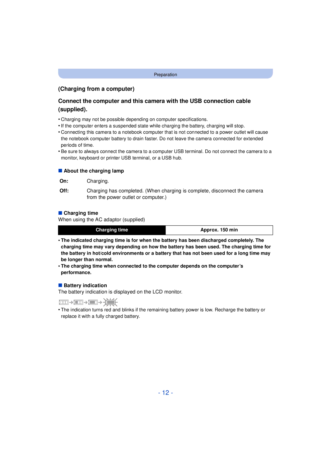 Panasonic DMC-SZ3 owner manual About the charging lamp, Off Charging time, Battery indication 