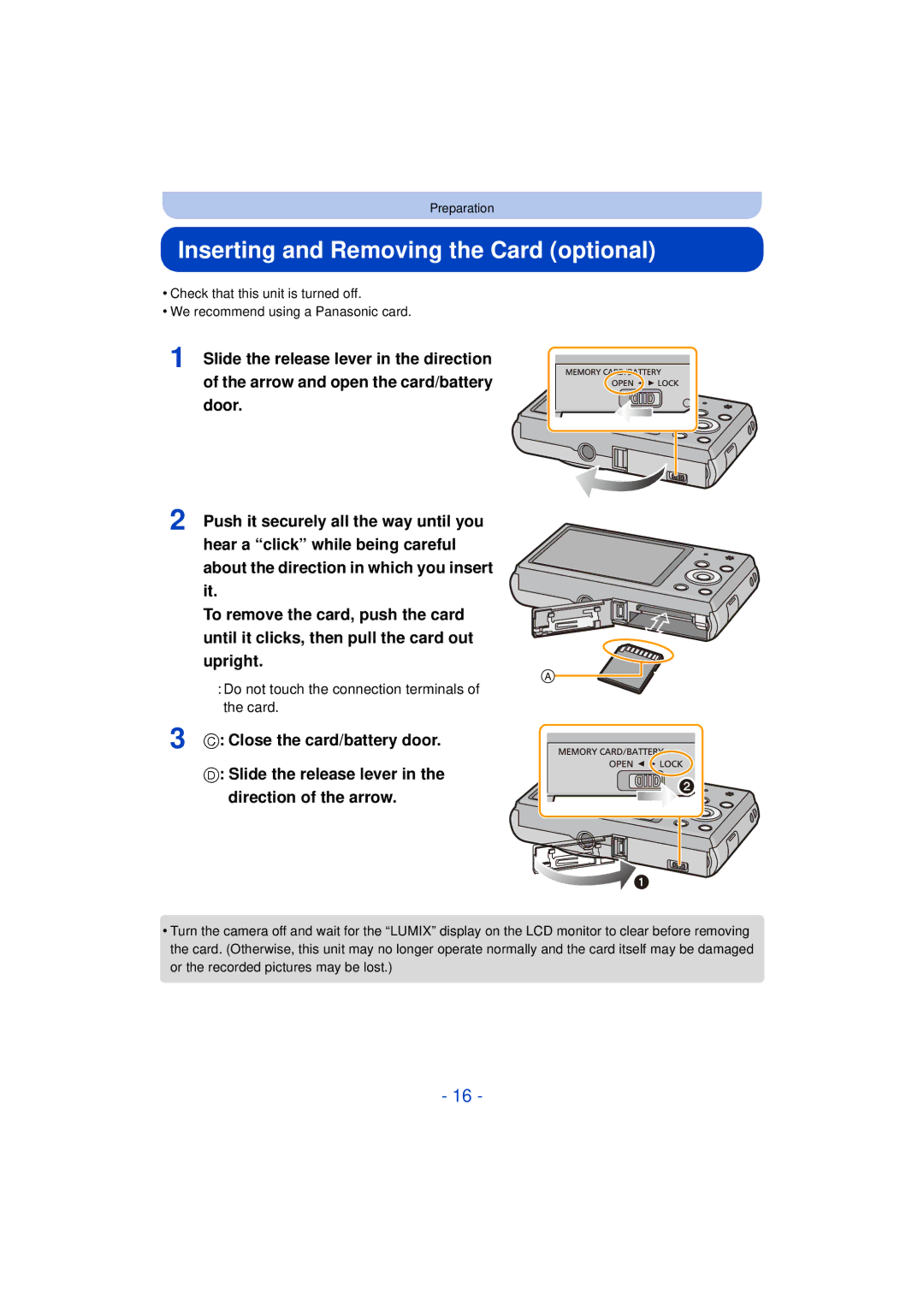 Panasonic DMC-SZ3 owner manual Inserting and Removing the Card optional, Do not touch the connection terminals of the card 