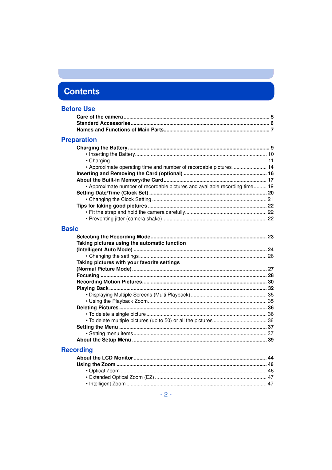 Panasonic DMC-SZ3 owner manual Contents 