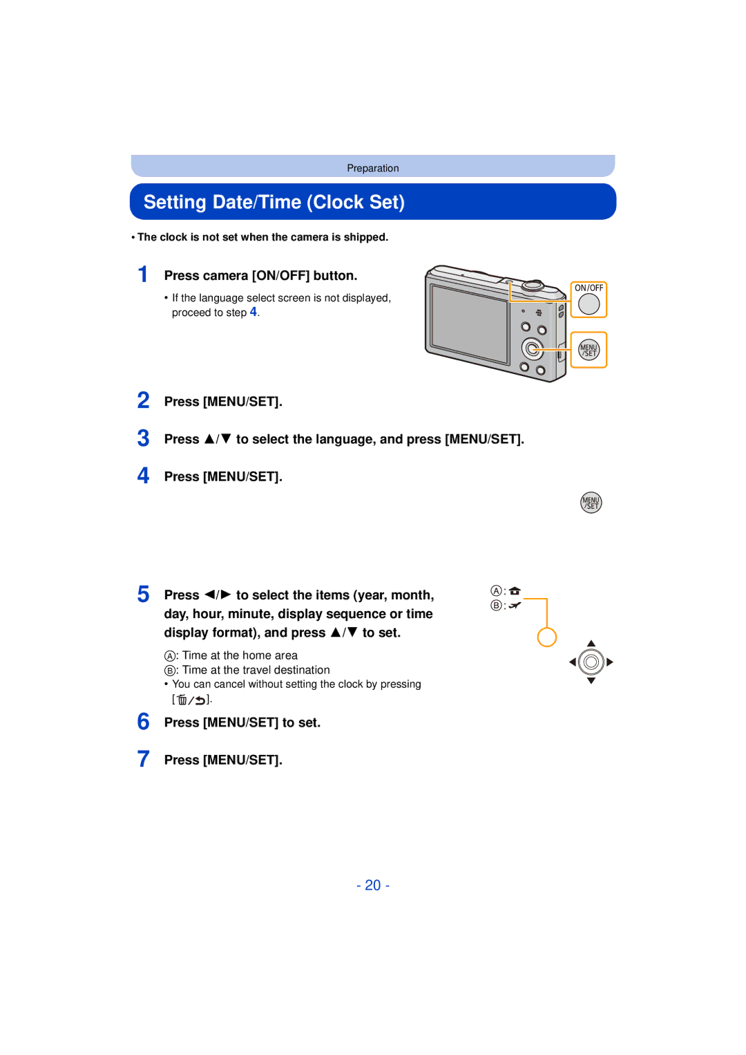 Panasonic DMC-SZ3 owner manual Setting Date/Time Clock Set, Press camera ON/OFF button, Press MENU/SET to set 