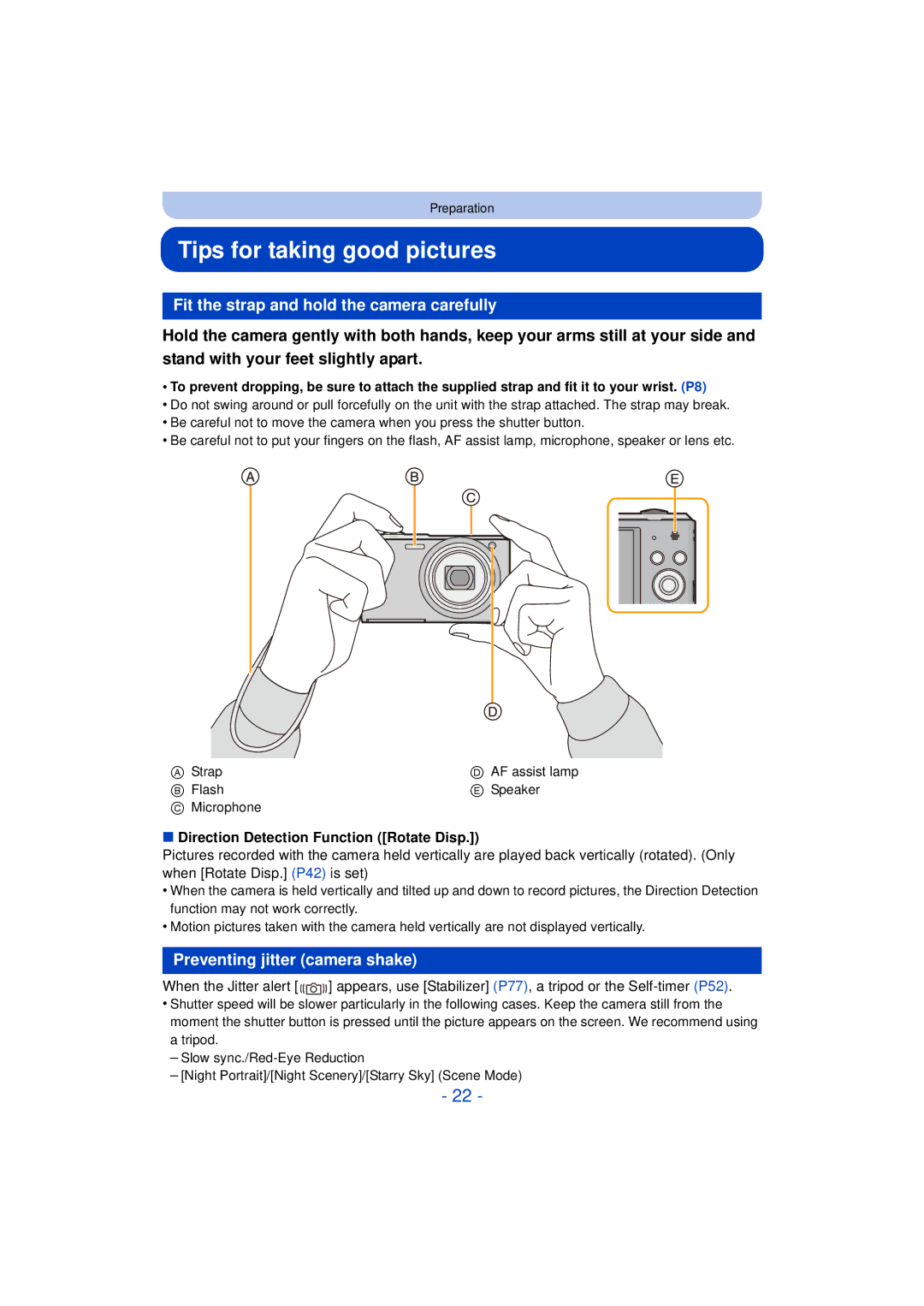 Panasonic DMC-SZ3 owner manual Tips for taking good pictures, Fit the strap and hold the camera carefully 