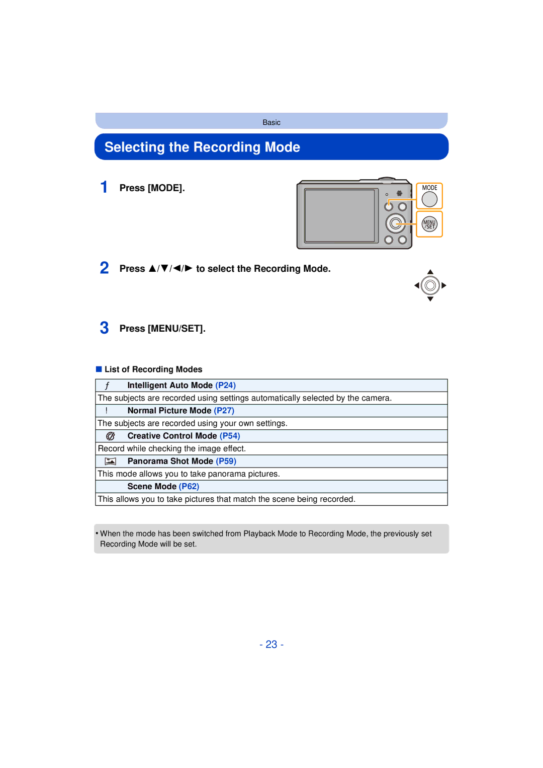 Panasonic DMC-SZ3 owner manual Selecting the Recording Mode 