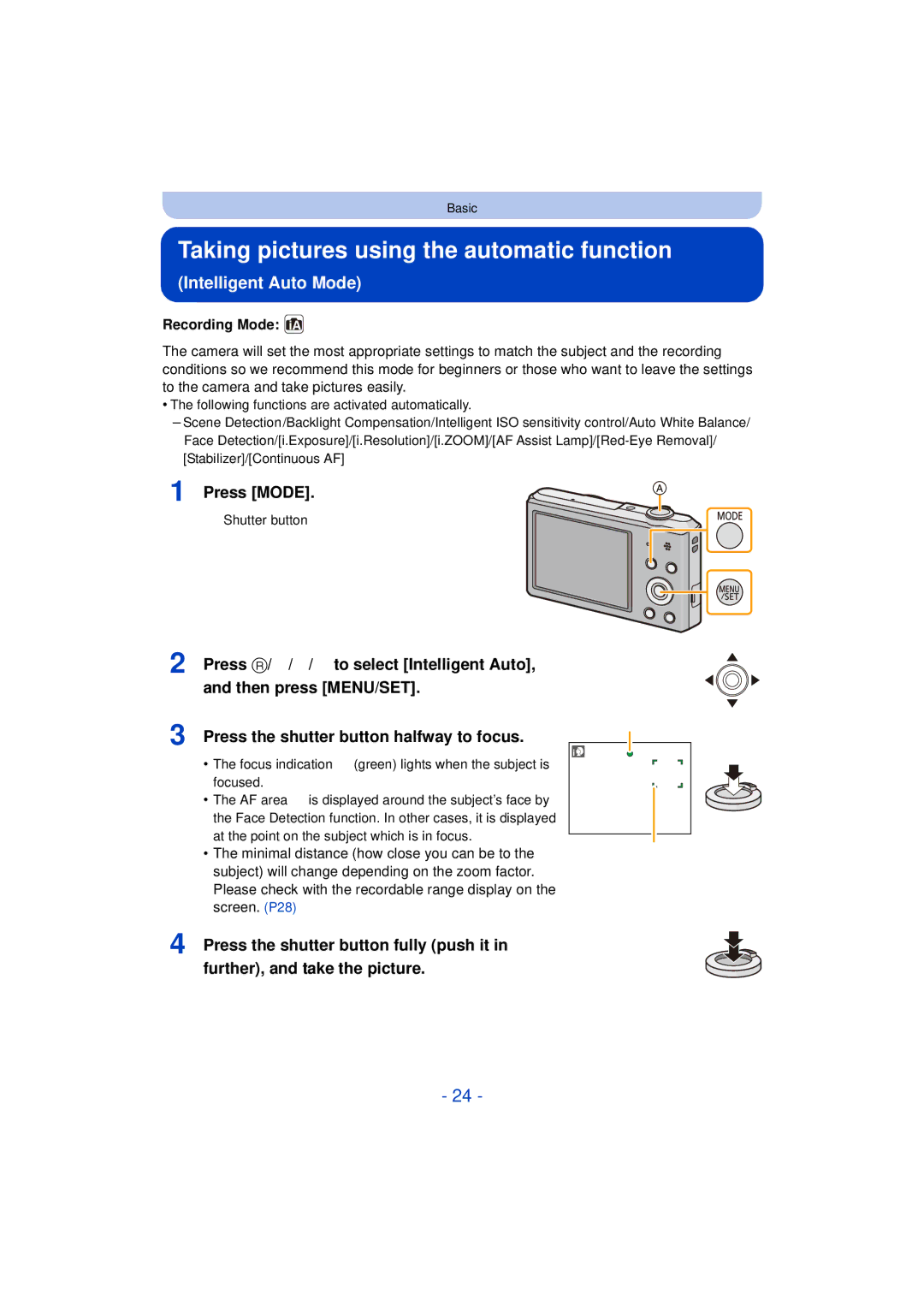 Panasonic DMC-SZ3 owner manual Taking pictures using the automatic function, Press Mode, Recording Mode 