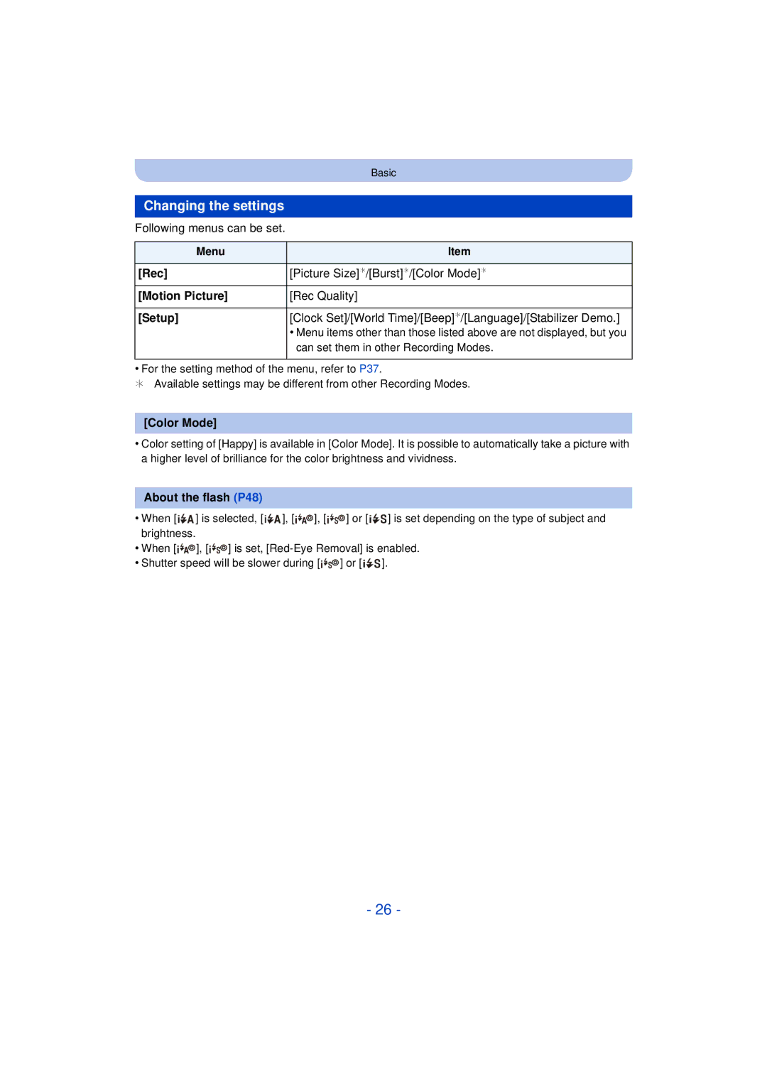 Panasonic DMC-SZ3 owner manual Changing the settings 