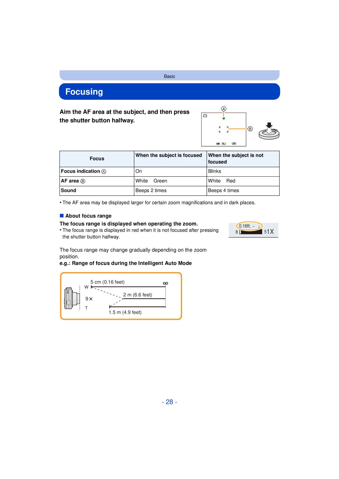 Panasonic DMC-SZ3 owner manual Focusing, Range of focus during the Intelligent Auto Mode, AF area B, Sound 