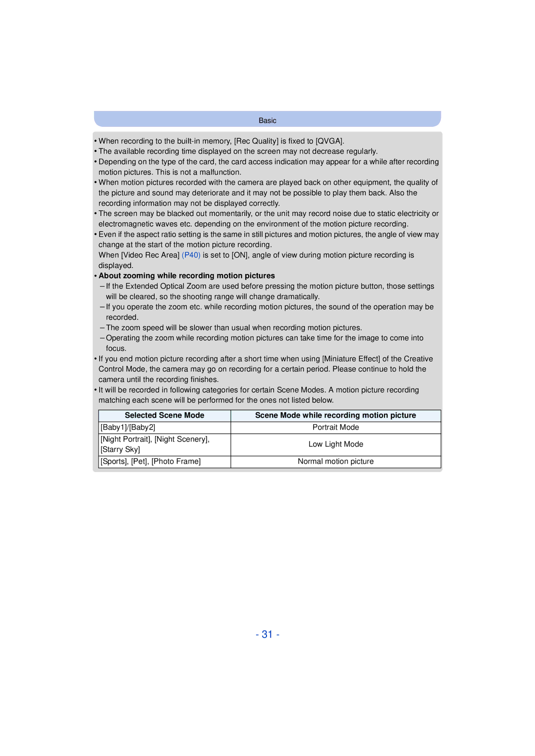 Panasonic DMC-SZ3 owner manual About zooming while recording motion pictures 