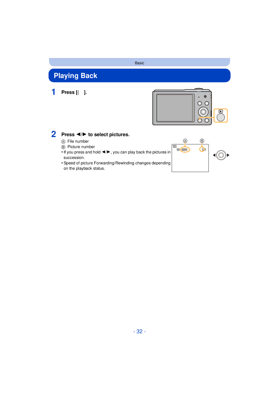 Panasonic DMC-SZ3 owner manual Playing Back, Press Press 2/1 to select pictures 