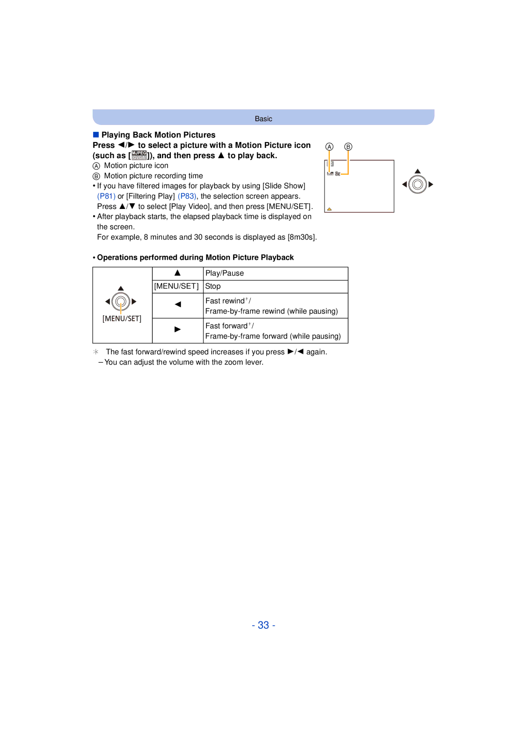 Panasonic DMC-SZ3 owner manual Playing Back Motion Pictures, Operations performed during Motion Picture Playback 