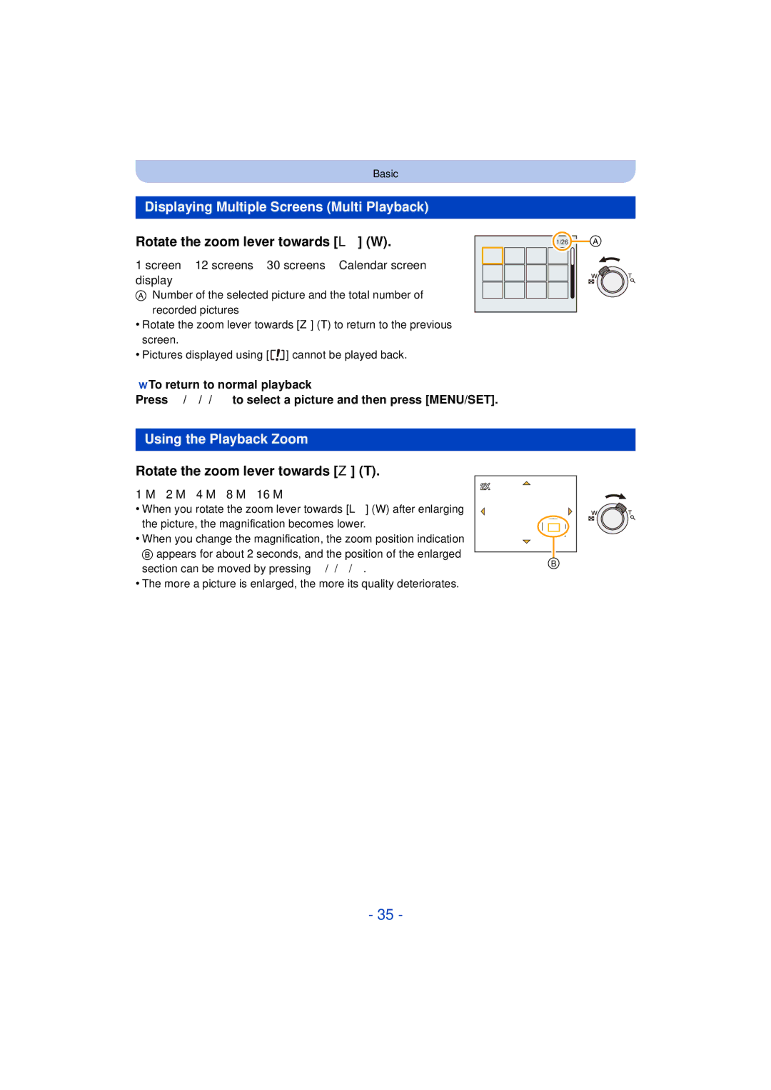 Panasonic DMC-SZ3 Displaying Multiple Screens Multi Playback, Rotate the zoom lever towards L W, Using the Playback Zoom 