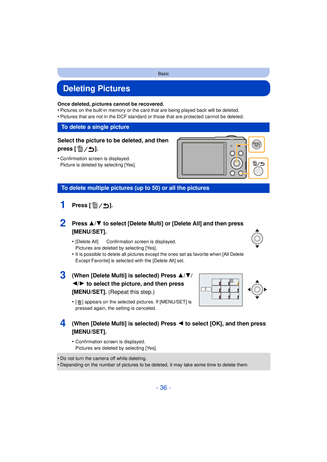 Panasonic DMC-SZ3 Deleting Pictures, To delete a single picture, Select the picture to be deleted, and then Press 