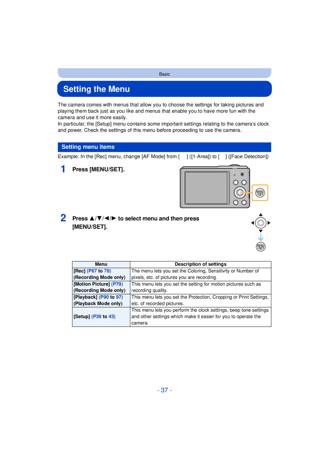 Panasonic DMC-SZ3 owner manual Setting the Menu, Setting menu items, Playback Mode only Etc. of recorded pictures 