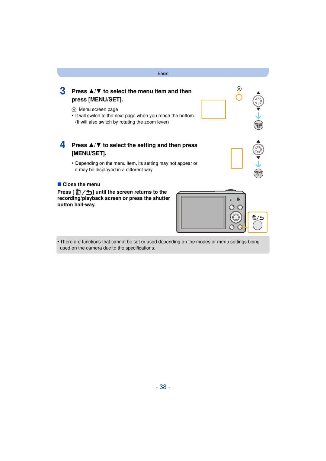 Panasonic DMC-SZ3 owner manual Press 3/4 to select the menu item and then press MENU/SET 