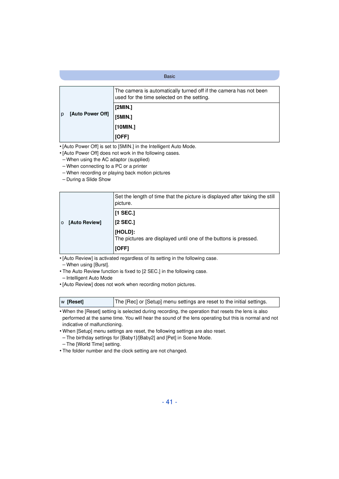 Panasonic DMC-SZ3 owner manual 2MIN 5MIN 10MIN, Sec Sec, Pictures are displayed until one of the buttons is pressed 