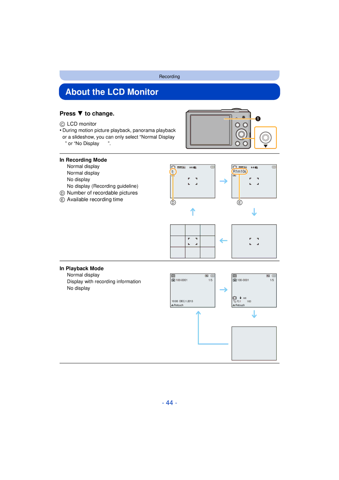 Panasonic DMC-SZ3 owner manual About the LCD Monitor, Press 4 to change, LCD monitor, Playback Mode 