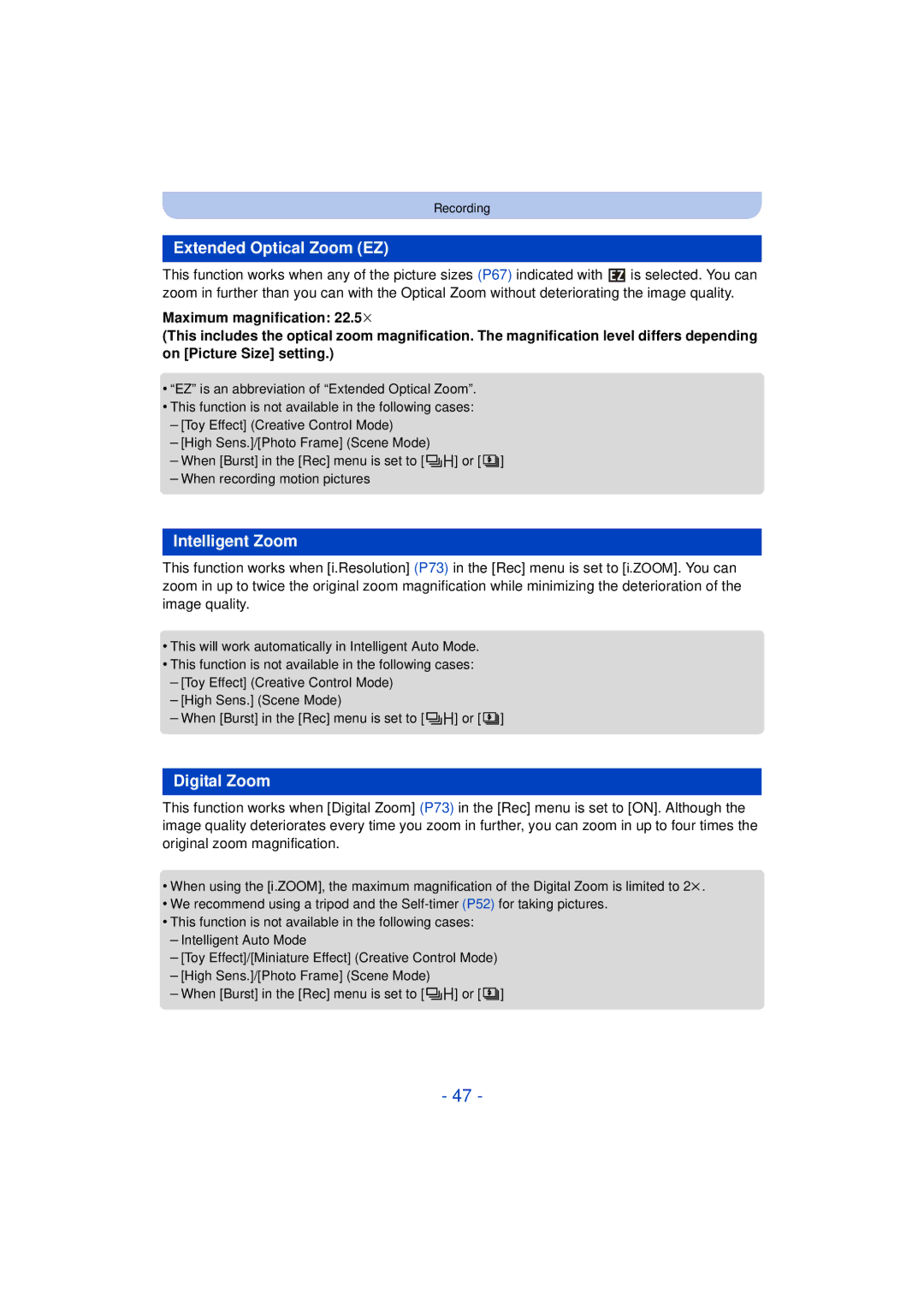 Panasonic DMC-SZ3 owner manual Extended Optical Zoom EZ, Intelligent Zoom, Digital Zoom 