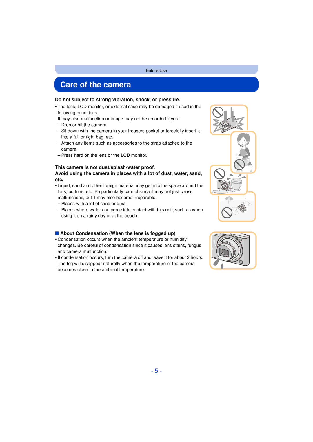 Panasonic DMC-SZ3 owner manual Care of the camera, Do not subject to strong vibration, shock, or pressure 