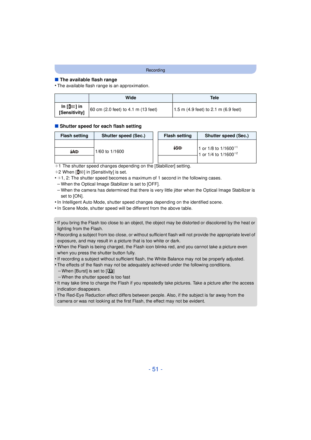 Panasonic DMC-SZ3 owner manual Available flash range, Shutter speed for each flash setting 