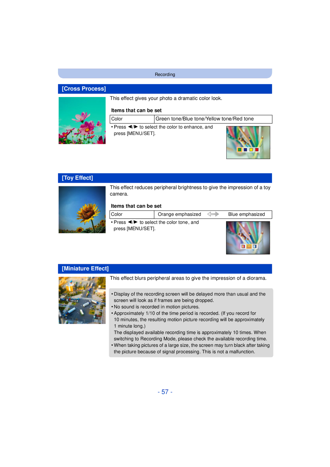 Panasonic DMC-SZ3 owner manual Cross Process, Toy Effect, Miniature Effect, Items that can be set 
