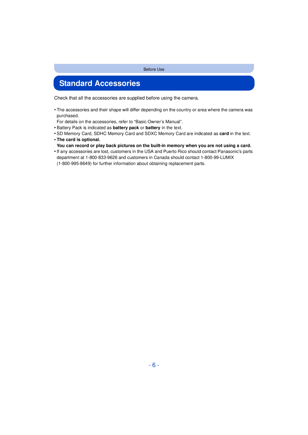 Panasonic DMC-SZ3 owner manual Standard Accessories 