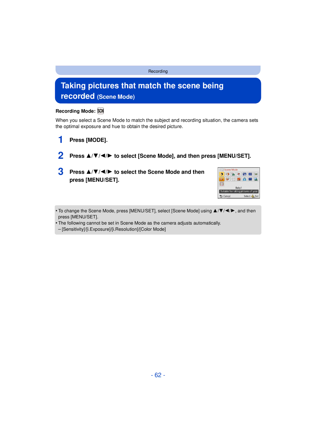 Panasonic DMC-SZ3 owner manual Taking pictures that match the scene being recorded, Recording Mode 