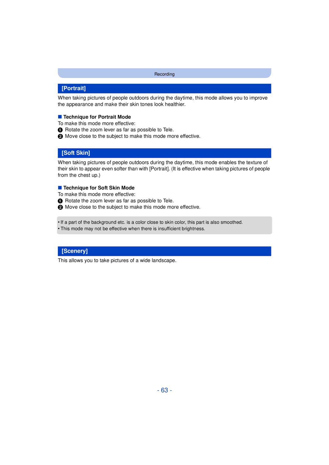 Panasonic DMC-SZ3 owner manual Portrait, Soft Skin, Scenery, This allows you to take pictures of a wide landscape 