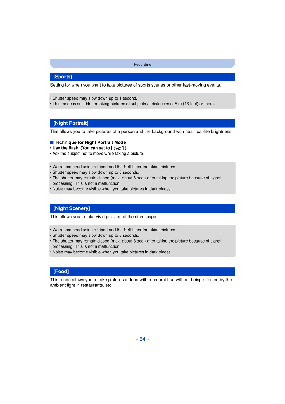 Panasonic DMC-SZ3 owner manual Sports, Night Scenery, Food, Technique for Night Portrait Mode 