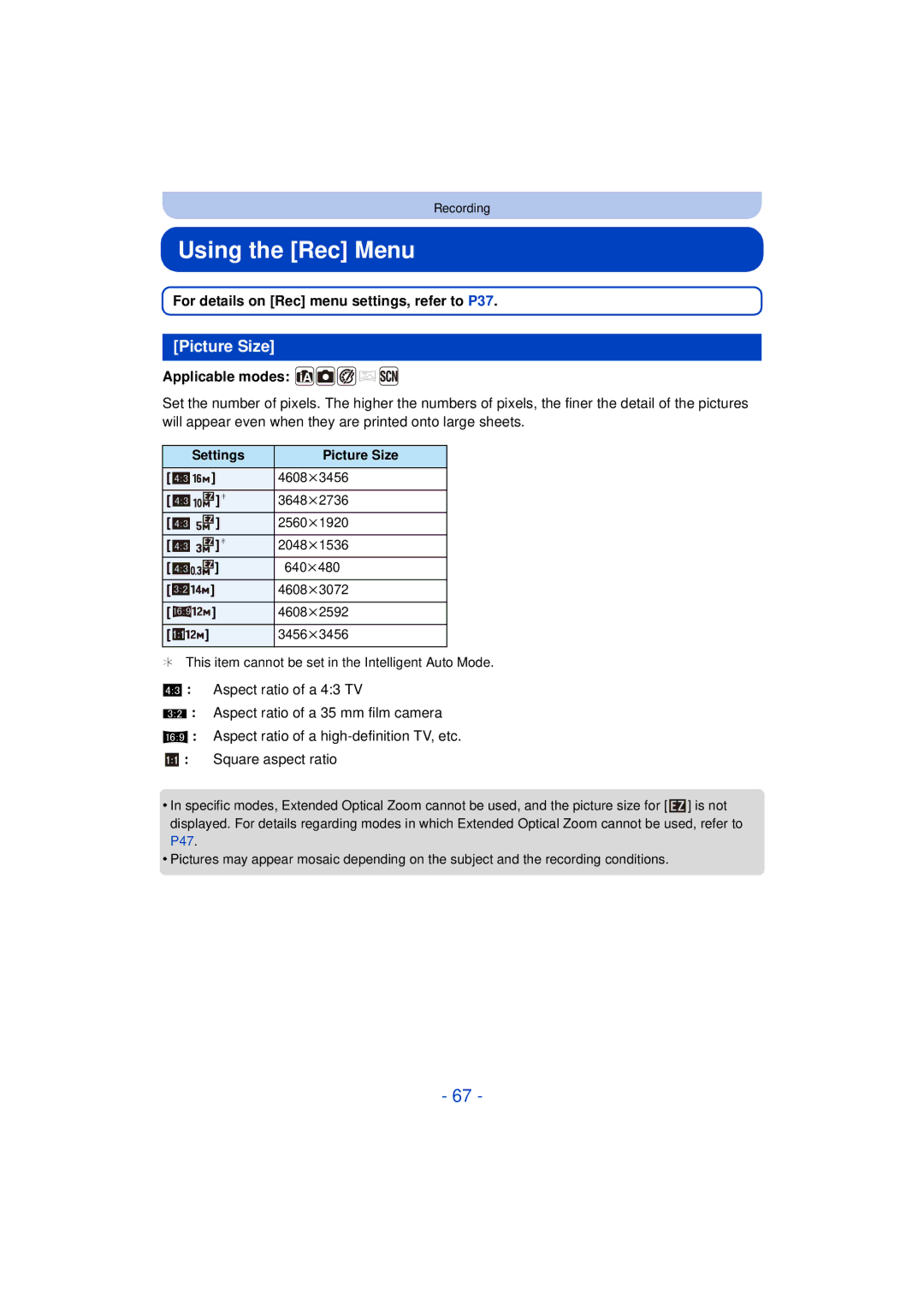 Panasonic DMC-SZ3 owner manual Using the Rec Menu, Picture Size, For details on Rec menu settings, refer to P37 